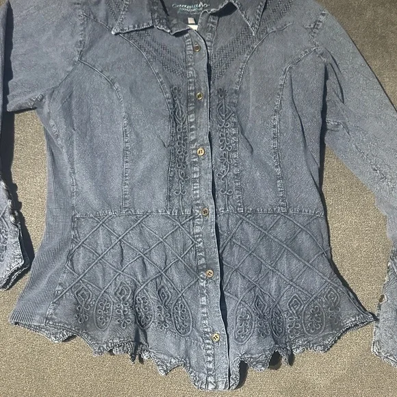 Large 100% Cotton Blue Denim Button-Up Shirt Boho tribal vibes super cute - Picture 7 of 17